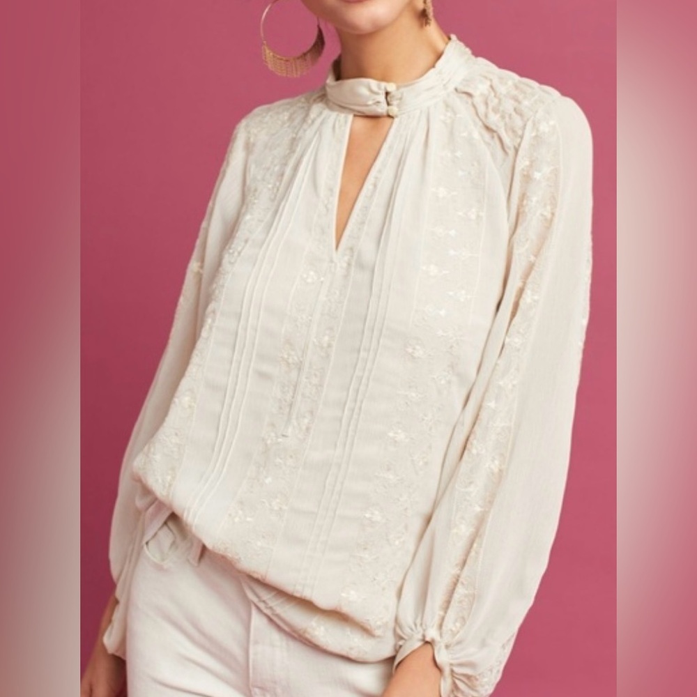 Tiny by Anthropologie Cream Maude Embroidered Balloon Sleeve Blouse - Size XS